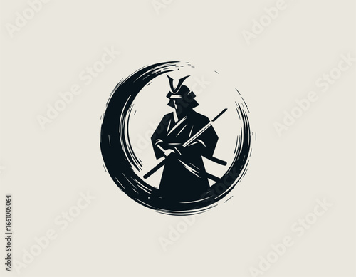 A formidable samurai warrior silhouette holding two katanas within a circular brush stroke. Japanese culture concept
