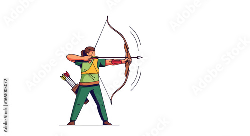 Archery focus: poised woman with bow and arrow aiming at target with determination and precision showcasing her athletic form and concentration