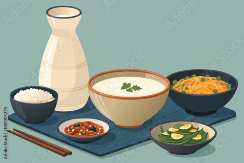 Korean rice wine makgeolli served in bowls with.