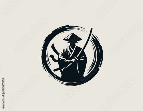 A formidable samurai warrior silhouette holding two katanas within a circular brush stroke. Japanese culture concept