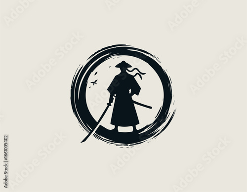 A formidable samurai warrior silhouette holding two katanas within a circular brush stroke. Japanese culture concept