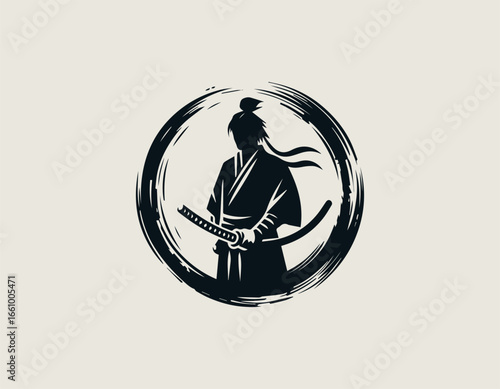 A formidable samurai warrior silhouette holding two katanas within a circular brush stroke. Japanese culture concept