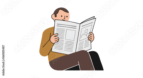 Illustration of a man engrossed in reading a newspaper seated,isolated against white backdrop, conveying a moment of quiet information absorption