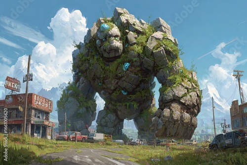 Golem of Crumbling City Rubble and Overgrown Moss: Enhanced Post-Apocalyptic Art