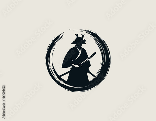 A formidable samurai warrior silhouette holding two katanas within a circular brush stroke. Japanese culture concept