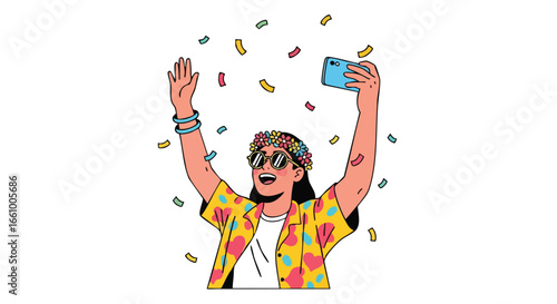 A celebratory moment captured in an illustration of a woman amidst falling confetti taking a selfie, expressing pure joy