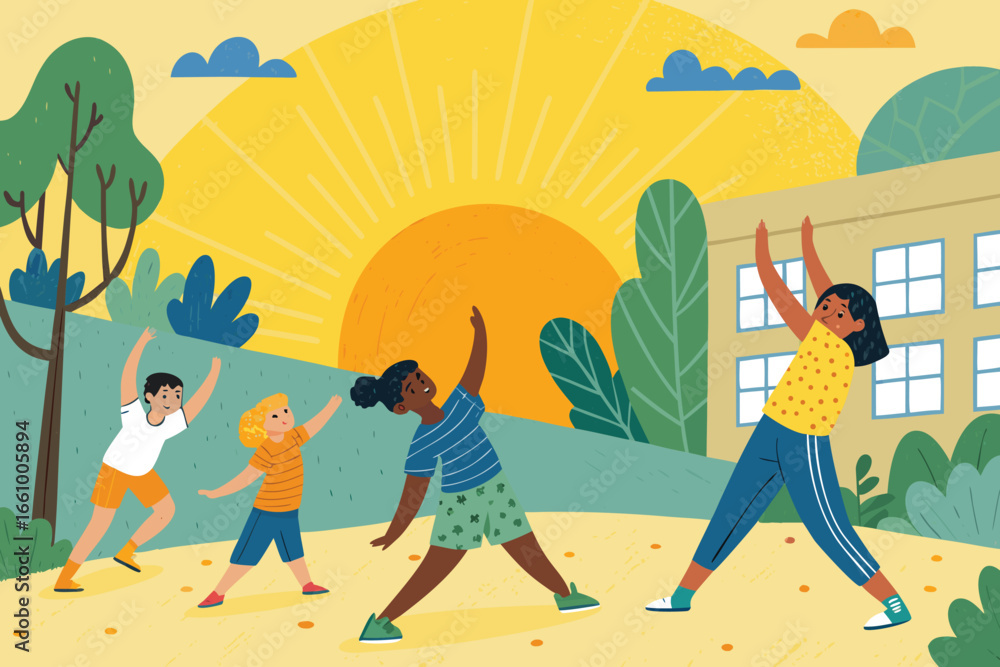 Obraz premium Cheerful children engaging in synchronized morning physical fitness activities outdoors at their school.