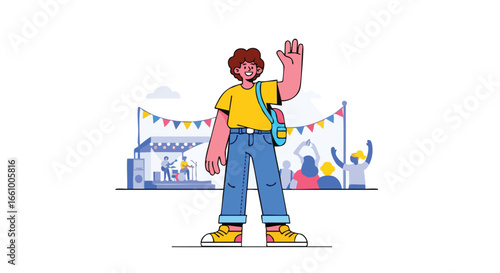 Vibrant festival experience featuring an animated character enjoying a live music performance with a cheerful crowd and festive decoration