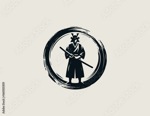 A formidable samurai warrior silhouette holding two katanas within a circular brush stroke. Japanese culture concept