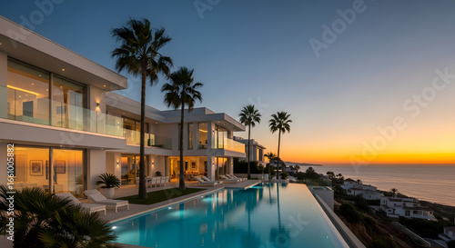 Luxury villa with infinity pool overlooking the ocean at sunset in marbella