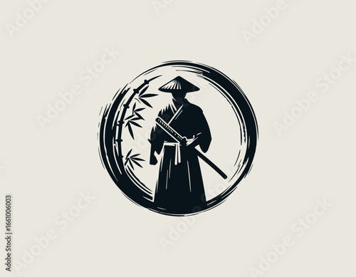 A formidable samurai warrior silhouette holding two katanas within a circular brush stroke. Japanese culture concept