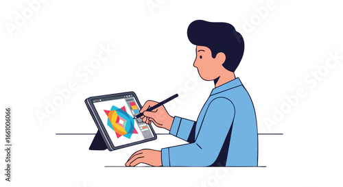Designer working on a digital tablet, creating a geometric logo with vibrant colors for a modern brand identity concept