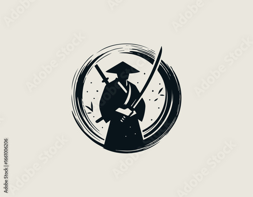 A formidable samurai warrior silhouette holding two katanas within a circular brush stroke. Japanese culture concept