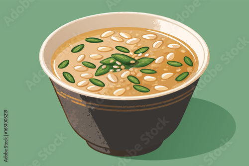 Korean sweet rice drink Sikhye with floating pear slices.