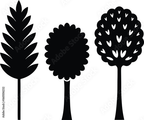 Five different black fill vector designs of stylized abstract nature trees and foliage.