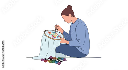 Person engrossed in needlework, delicately crafting intricate designs, a hobby that brings peace, creativity and joy of artistic expression with