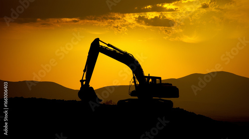 Wallpaper Mural Excavator silhouette against vibrant sunset sky, construction site softly blurred in background. Torontodigital.ca