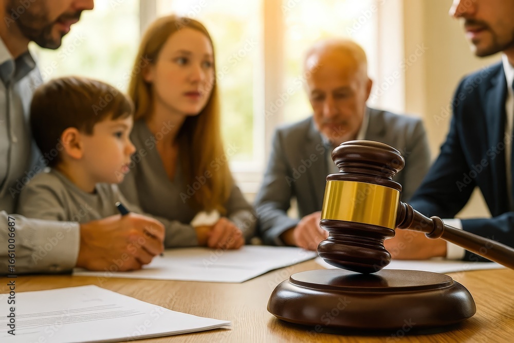 Obraz Family legal consultation with lawyer, gavel in focus. Divorce, child custody, property division, and family law mediation.