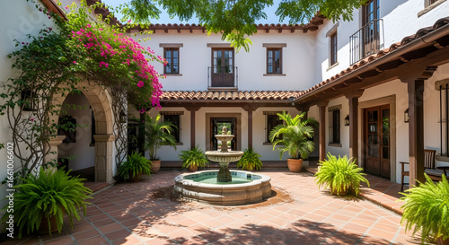 Courtyard with fountain and garden in a traditional spanish hacienda