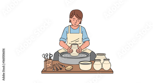 Illustrative depiction of a potter shaping clay on a wheel amidst tools and finished works conveying creativity