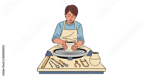 Illustration of a potter shaping clay on a spinning wheel, with tools nearby in studio setting