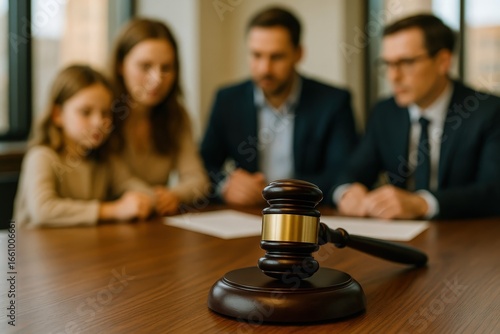 Family legal consultation with lawyer, gavel in focus. Divorce, child custody, property division, and family law mediation.