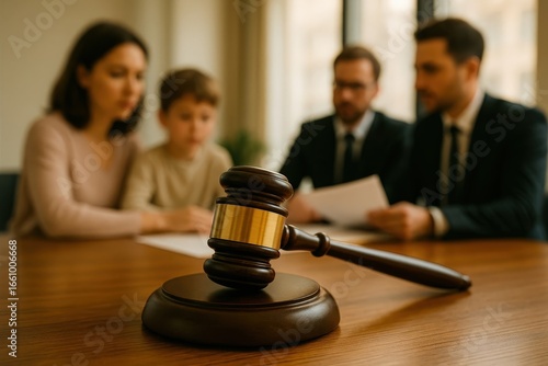 Family legal consultation with lawyer, gavel in focus. Divorce, child custody, property division, and family law mediation.