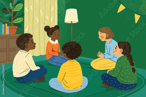 Joyful children in Sunday school's vibrant prayer circle, learning about faith, community, and sharing love.