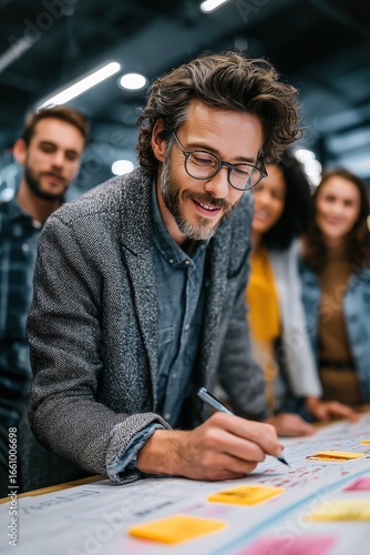 Business team brainstorming ideas on whiteboard with sticky notes during creative workshop
