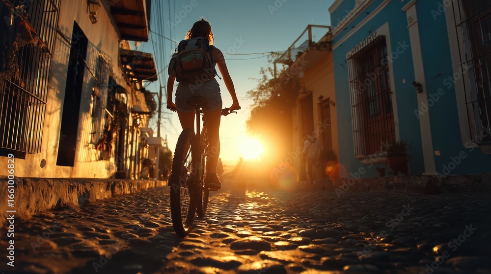 Fototapeta premium Woman cycling through colorful cobblestone street at golden hour, urban sunset ride with backpack and long shadows