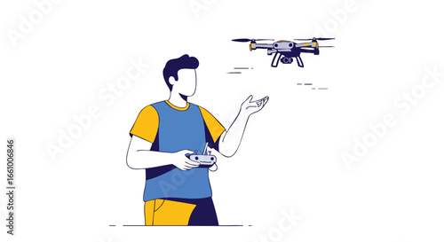 Man piloting a drone with remote control, enjoying modern technology for aerial exploration and recreational activity in minimalist style illustration