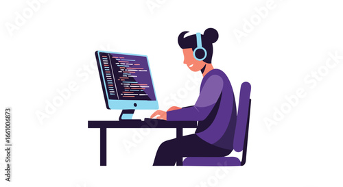 Focused coder immersed in work writing code on the computer screen at her office with headphones on during coding programming session