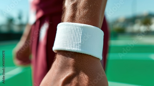 Blank white sport wristband on male hand mockup, tennis court background, athletic apparel accessory for branding and design showcase
