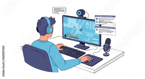 Immersive gaming experience illustration of a young man live streaming his gameplay with microphone and webcam setting on a table