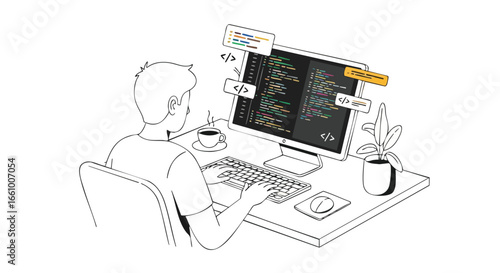Digital workspace: Young programmer immersed in coding with computer and coffee cup on desk creating software development process with focus and