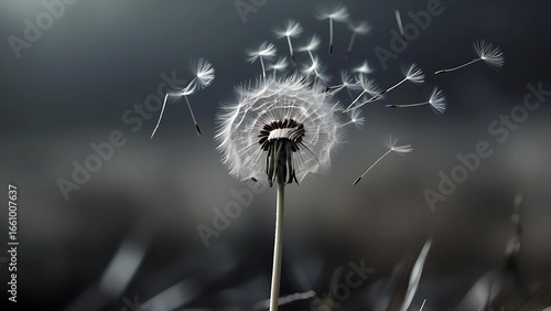 Lonely dandelion with flying seeds in the wind. Symbol of sadness, grief, solitude and fleeting life. Poetic and emotional nature background for loss, mourning and farewell themes © Yuri
