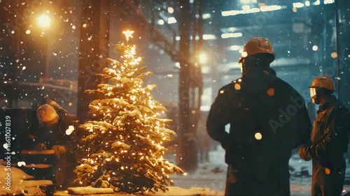 Lighted Christmas tree stands in winter workshop as workers prepare for holiday festivities at night with falling snow