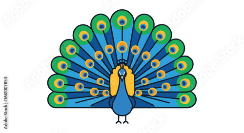 Stylized peacock illustration featuring vibrant plumage and elegant design aesthetics in an attractive pose, presented on a clean white background