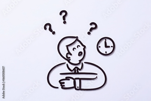 Confused businessman looking at his watch with question marks