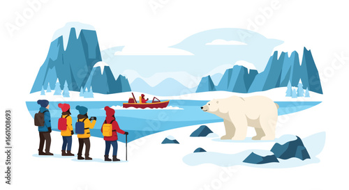Arctic Expedition: A Group Encounters Wildlife Amidst Glacial Terrain and Navigational Exploration along a icy waters
