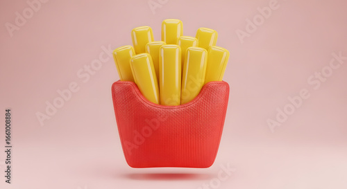 3d inflatable Vibrant 3D icon of golden french fries in a red carton, a minimalist fast food snack illustration isolated on a pastel pink background.