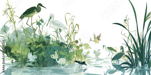 Birds and Plants Illustration: An artistic illustration captures various bird species peacefully coexisting amidst lush aquatic plants. A serene and harmonious scene, celebrating the beauty of nature.