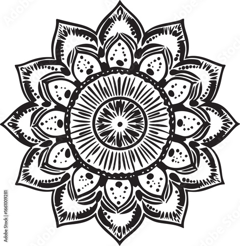 Ornate Floral Mandala: A meticulously crafted floral mandala, a symphony of intricate patterns and artistic details, exuding elegance and spiritual resonance in monochrome.