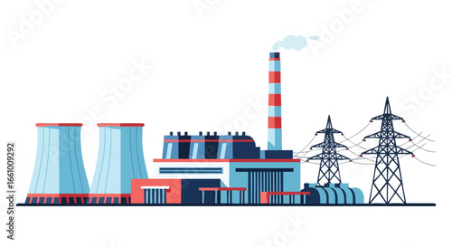 Illustration of a power plant with cooling towers and electricity pylons against a white background