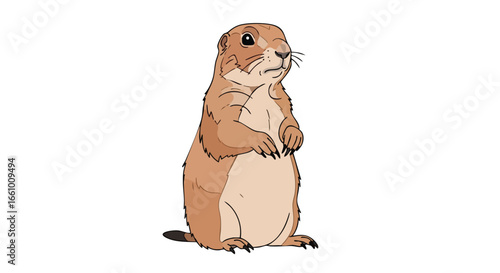 Digital illustration of a cartoon prairie dog standing alert on a white background, emphasizing its cute demeanor and detailed design 150