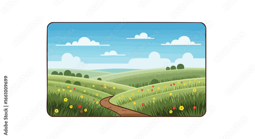Fototapeta premium Serene rolling hills landscape, showcasing a winding path, wildflowers and a gentle cloudy sky creating a sense of tranquility