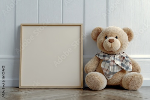 Wood frame with a blank beige canvas leaning against the wall on the floor, contributing to Scandinavian minimalist home interior design for a modern living room. 3D rendering, Generative AI