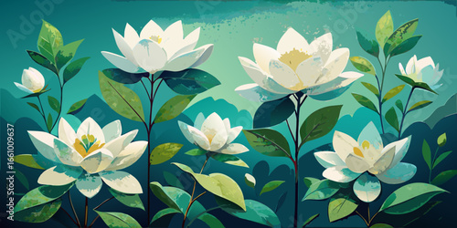 Pink water lilies with green leaves blossom on a blue watery background, capturing the beauty of a summer pond