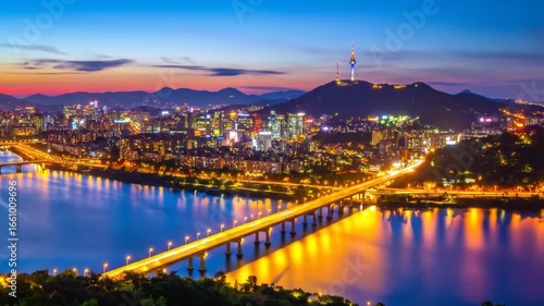 Seoul, South Korea: Panoramic Night Cityscape with Han River and Tower view at sunset