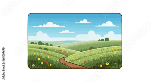 Serene rolling hills landscape, showcasing a winding path, wildflowers and a gentle cloudy sky creating a sense of tranquility
